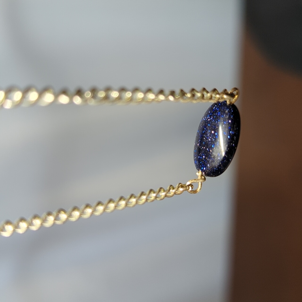 Adjustable oval blue goldstone choker necklace with silver chain, 14"